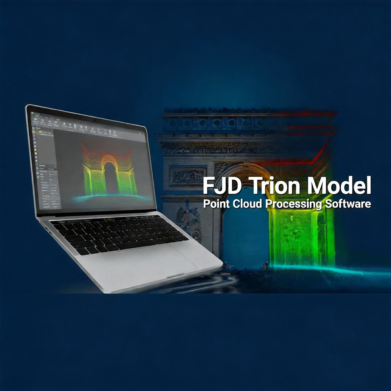 FJD Trion Model desktop software displaying a coloured point cloud of a building
