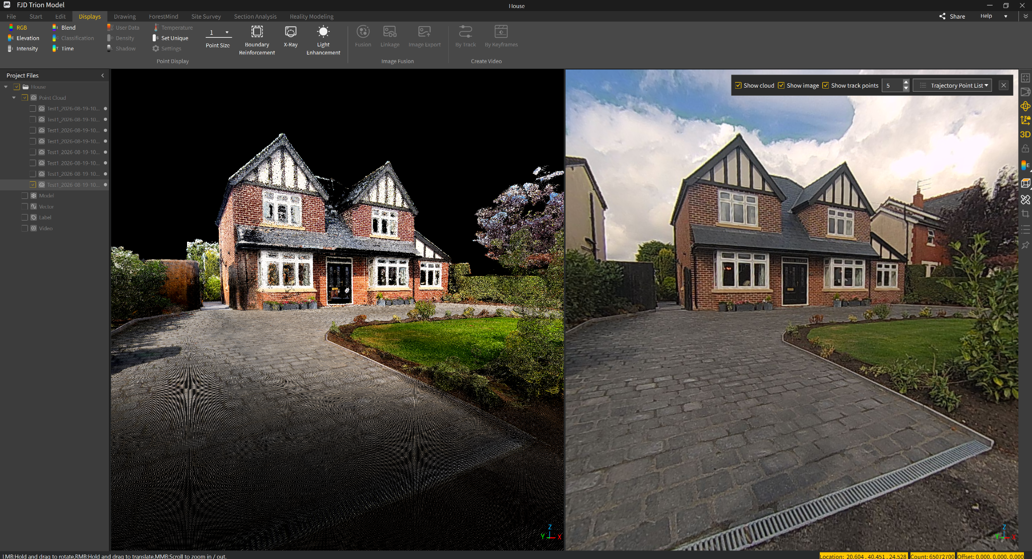 Front of a house: captured LiDAR point cloud on the left and corresponding photograph on the right