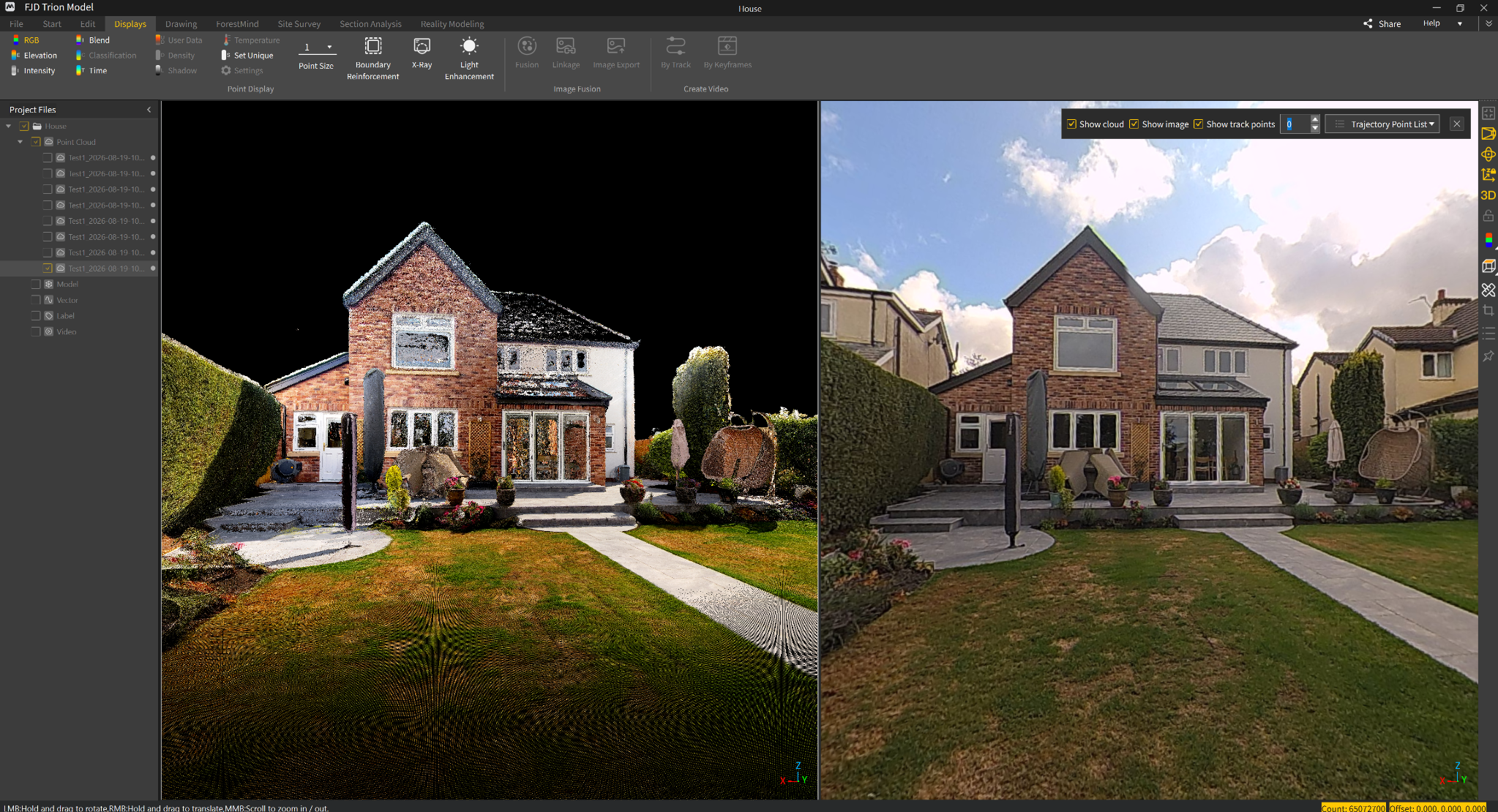 Rear of a house: captured LiDAR point cloud on the left and corresponding photograph on the right